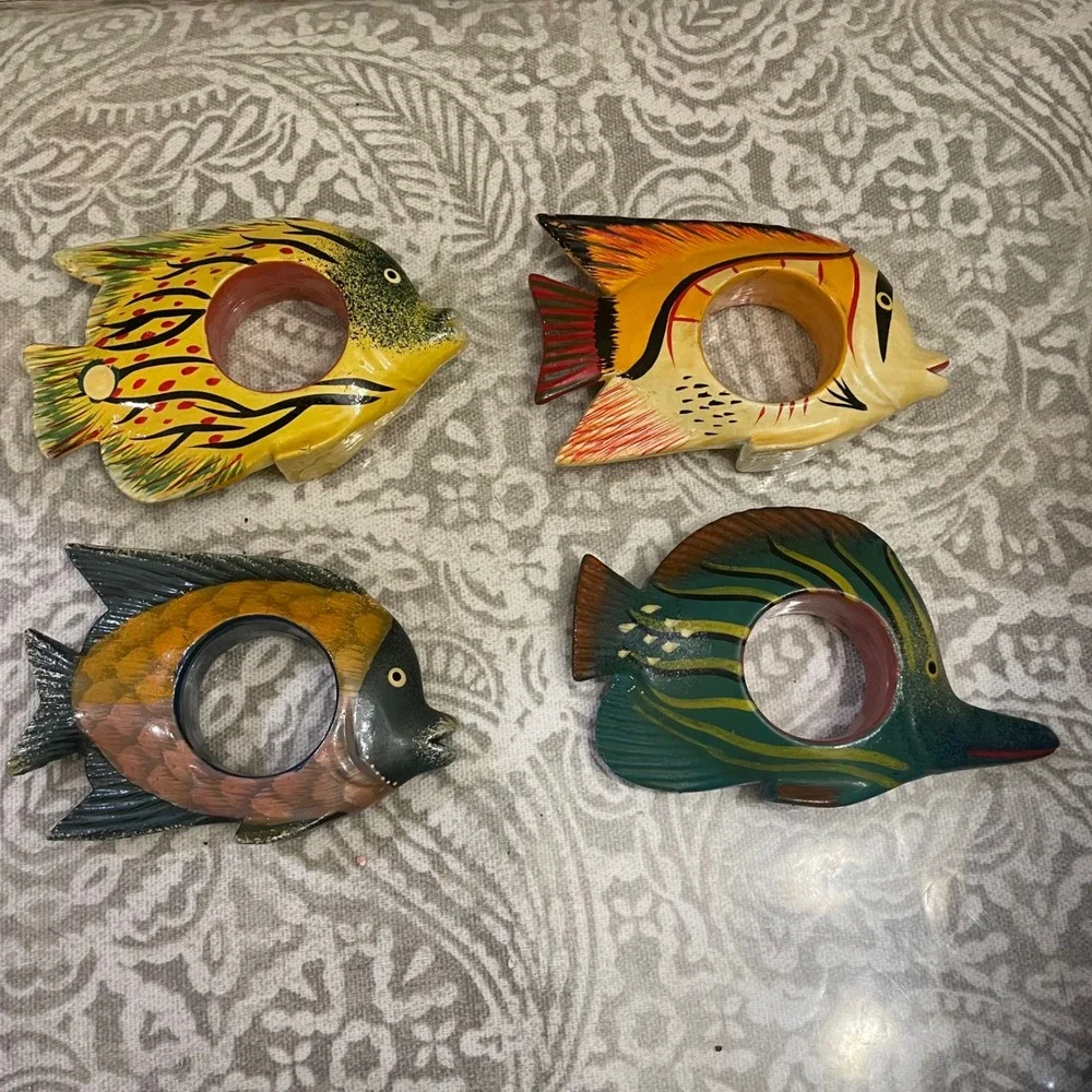 Tropical Fish Napkin Rings Set 4 Hand Painted Colorful Beachy Decor